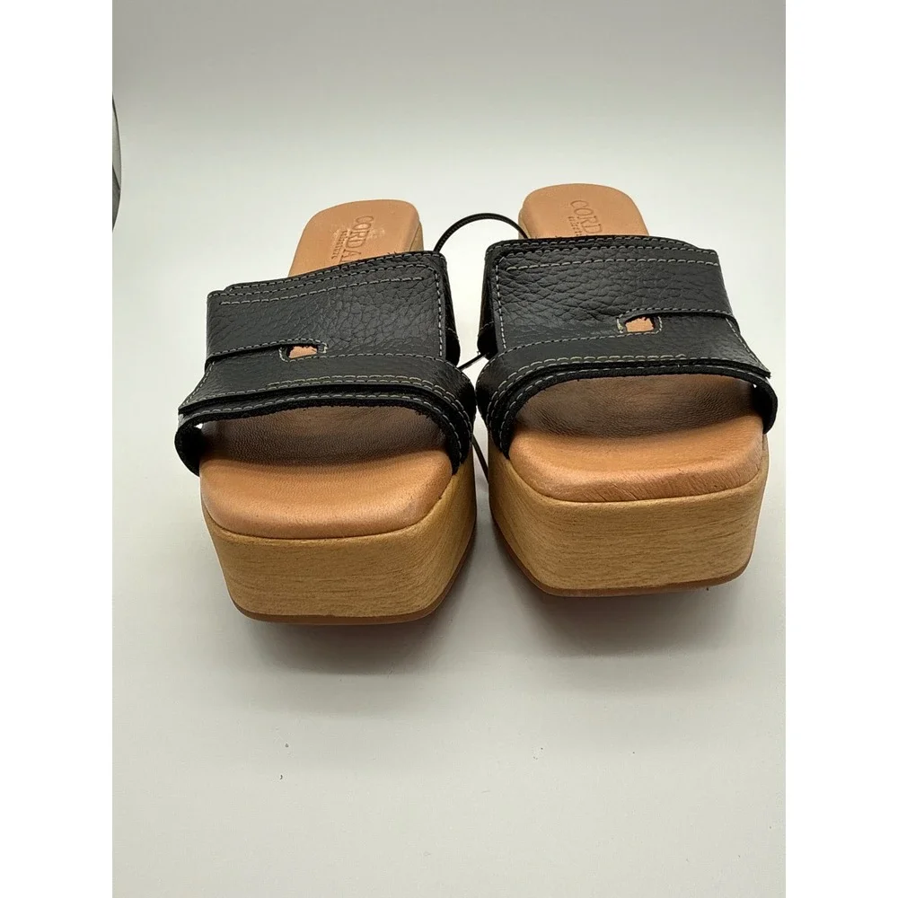 Cordani Black Pebbled Leather Wood Platform Block Heel Slide Sandals Size 38